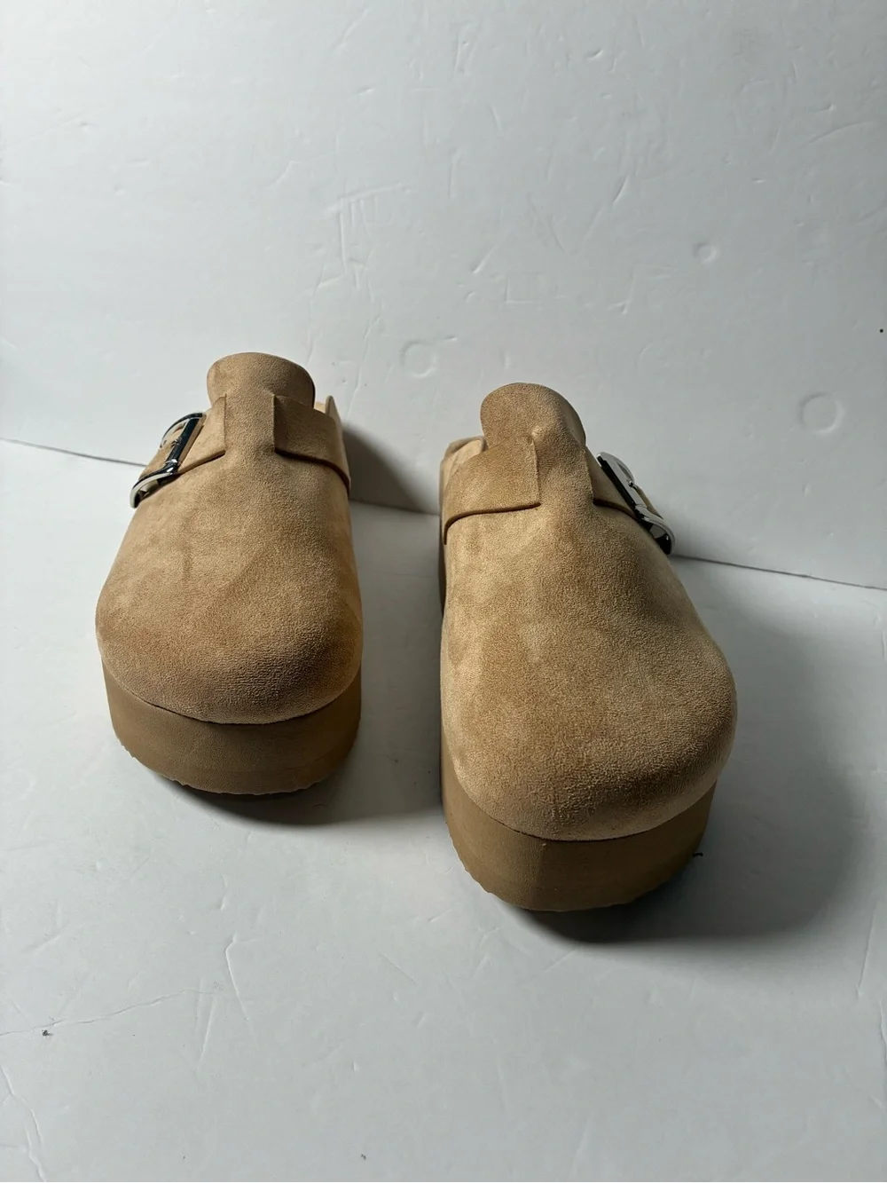 Madden Girl Tan Suede Slip-On Clogs with Silver Buckles